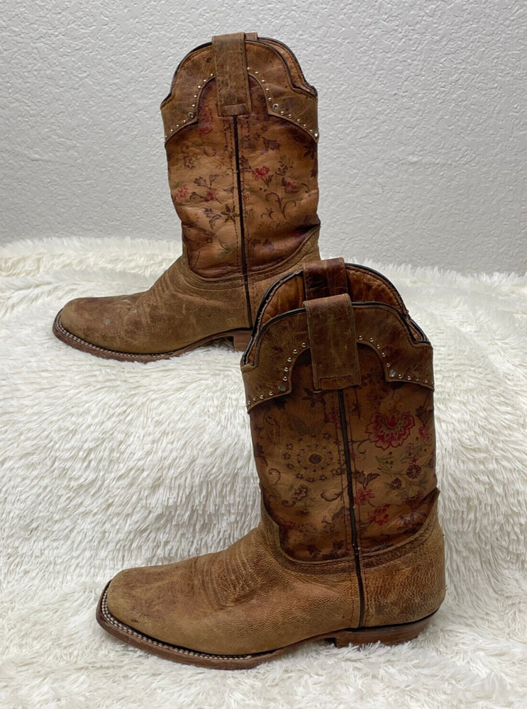 Texas Womens Brown Leather Floral Cowgirl Boots Square Toe Mex 23 US 6