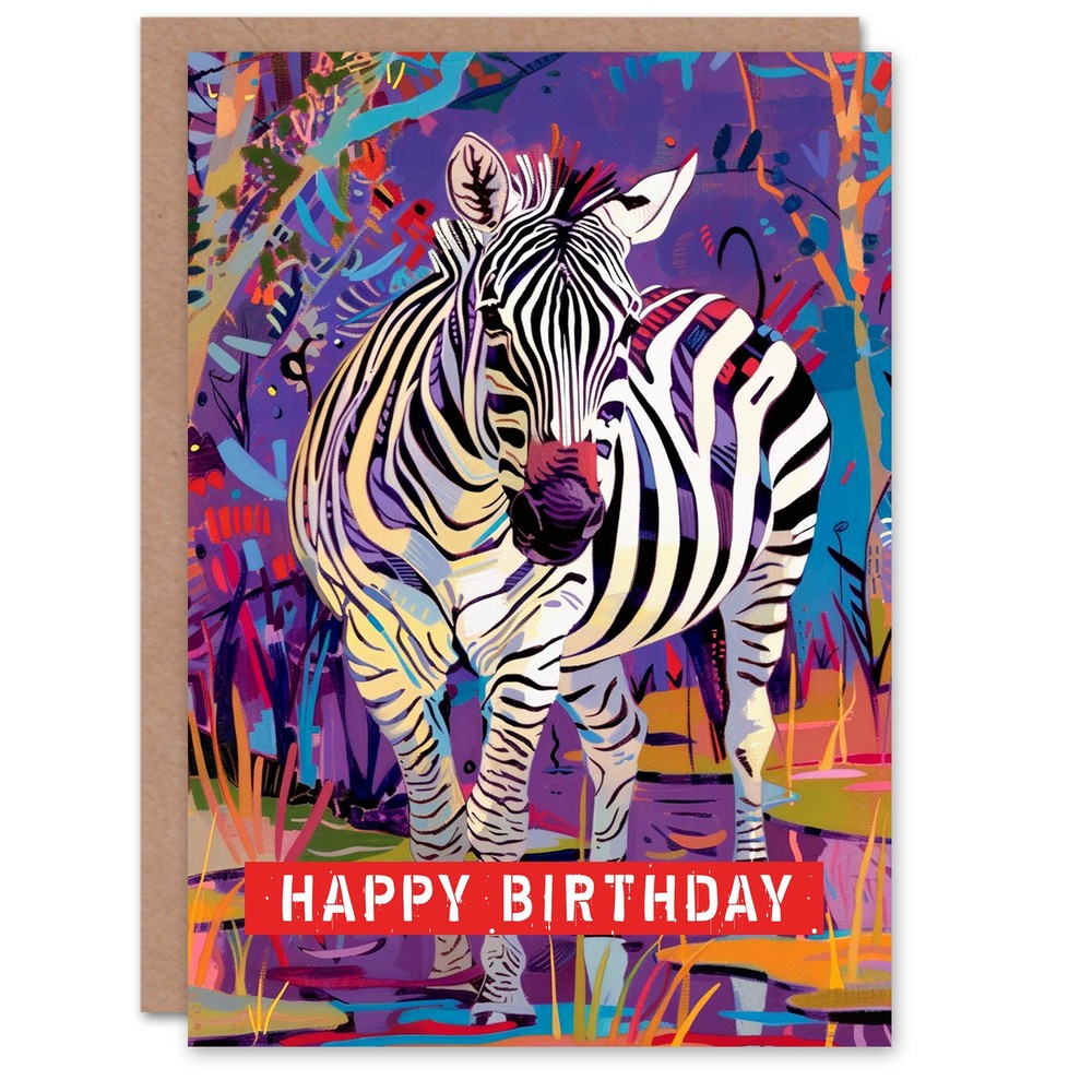 Birthday Card Bright Colourful Zebra Safari Animal Lover Artwork For Him Her