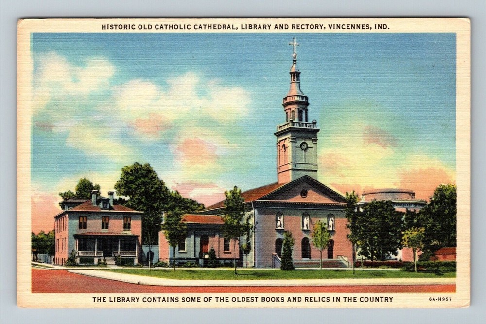 Vincennes IN-Indiana, Catholic Cathedral, Library, Rectory, Vintage Postcard