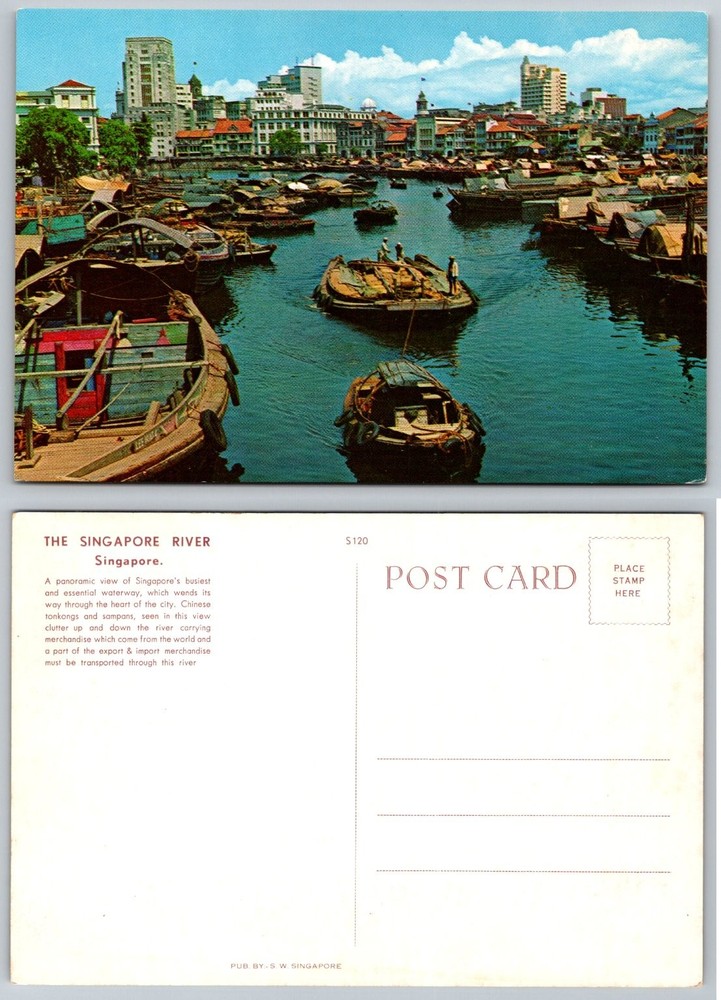 Vintage Singapore River Postcard - Tongkongs Sampans Boats Skyline