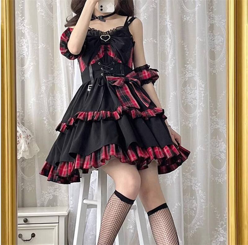 Japanese women Lolita Gothic plaid high waisted dress Bow ribbon suspender dress