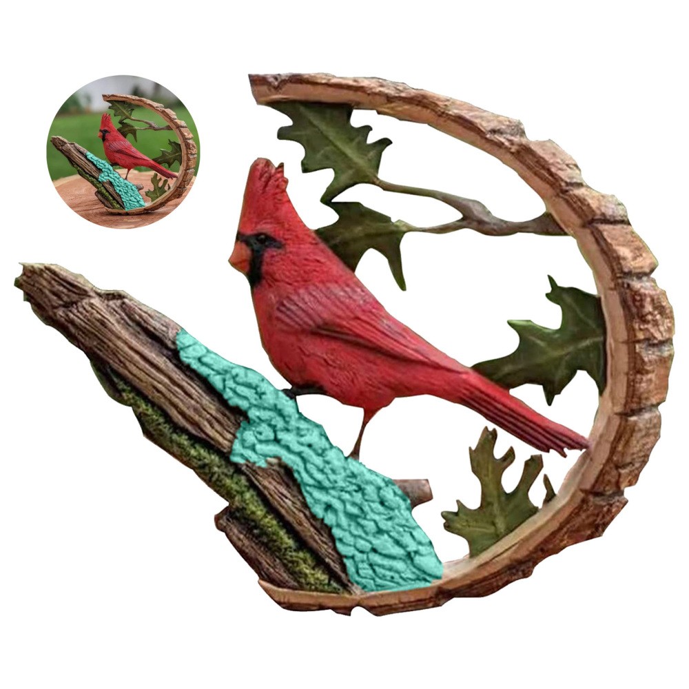 Cardinal Carving Handmade Resin Imitation Wood Bird on Branch Figurine Decor