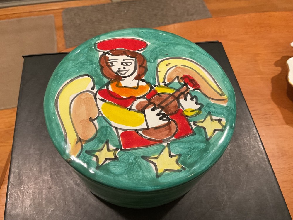 Vtg Italian Trinket Box with Lid Hand-Painted Angel Music - great color /charm
