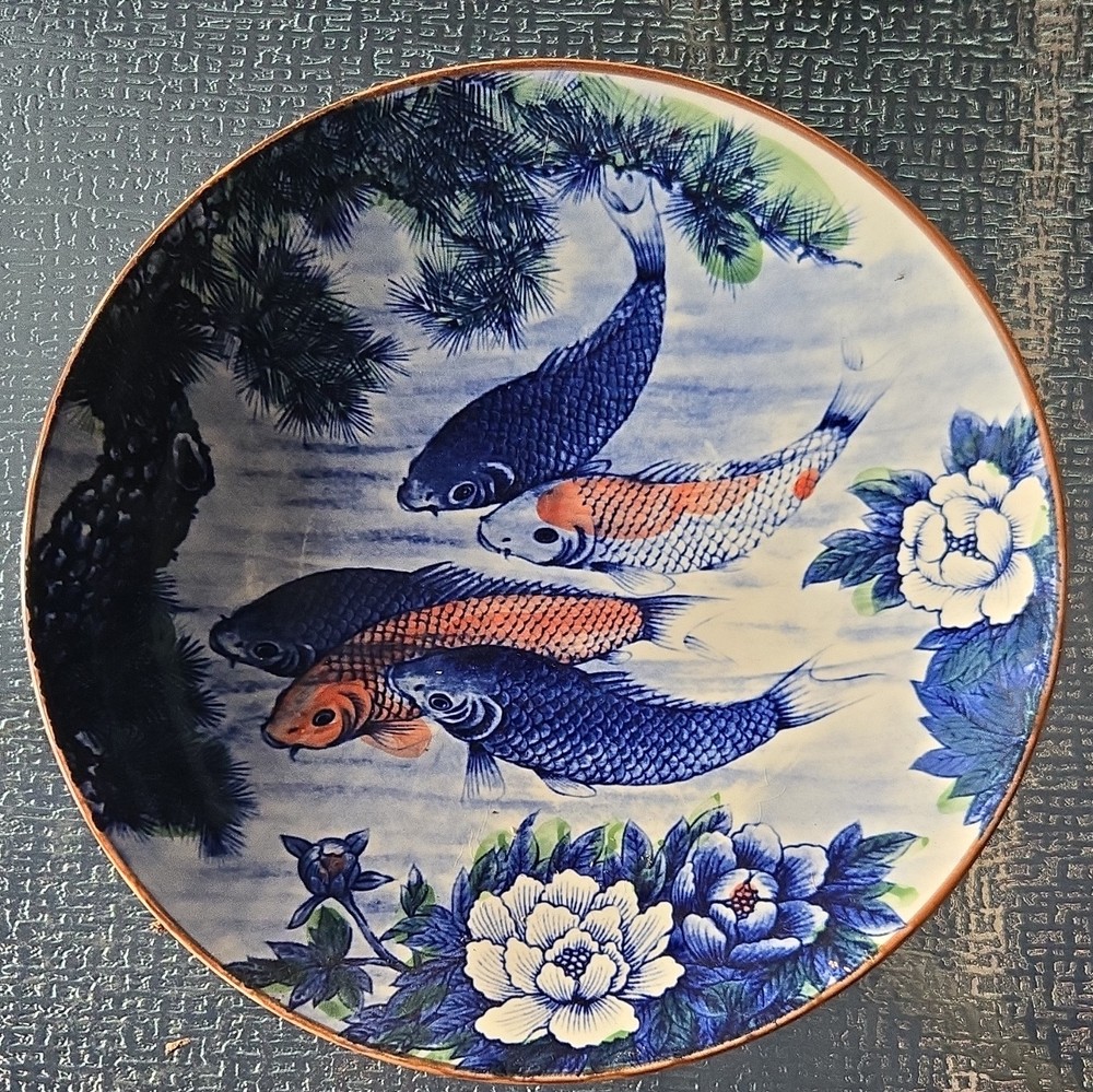 vintage Round Glossy Ceramic Decorative Plate, Blue/White Koi Fish Floral,
