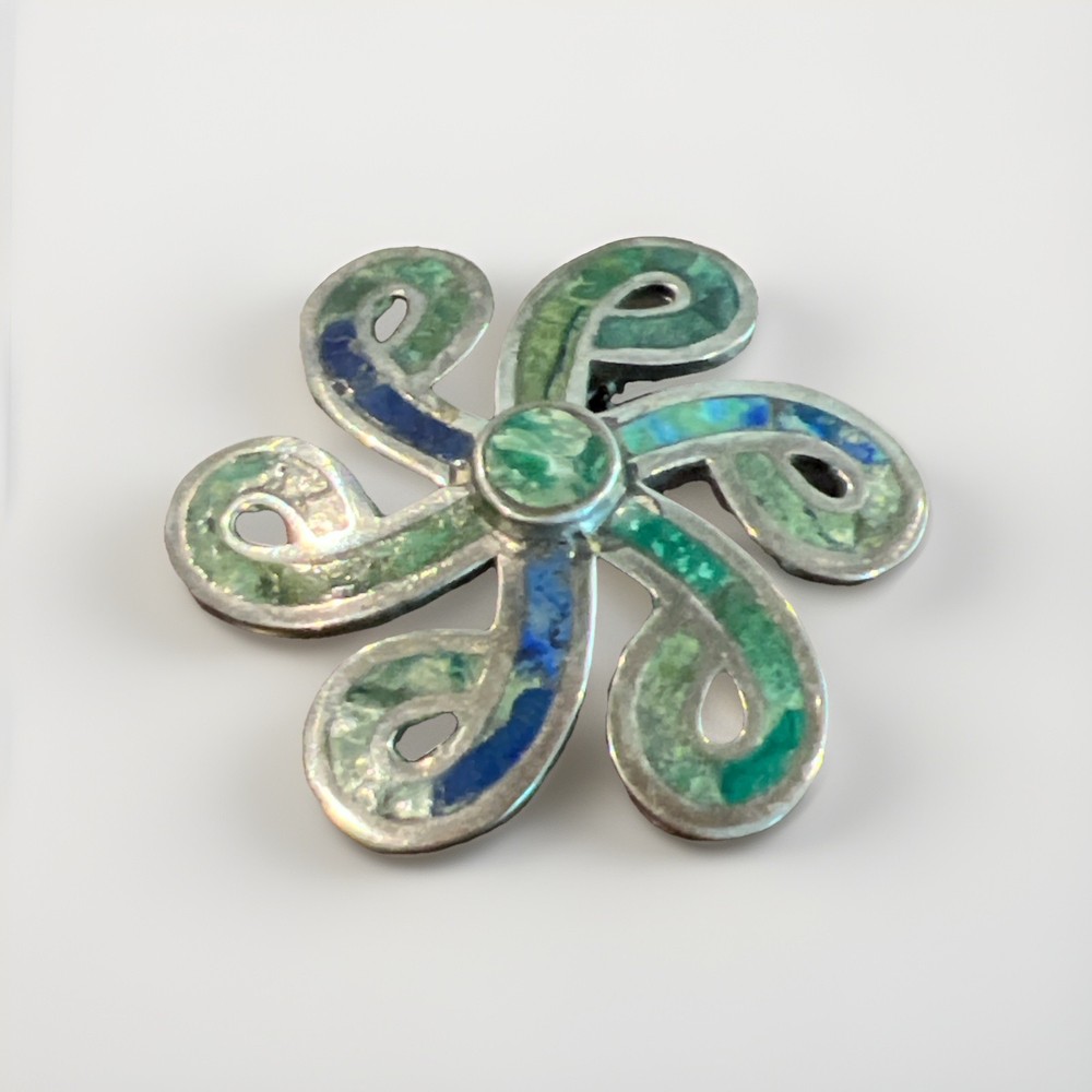 Taxco Sterling Silver Los Castillo Turquoise Malachite Lapis Swirl Brooch Pin