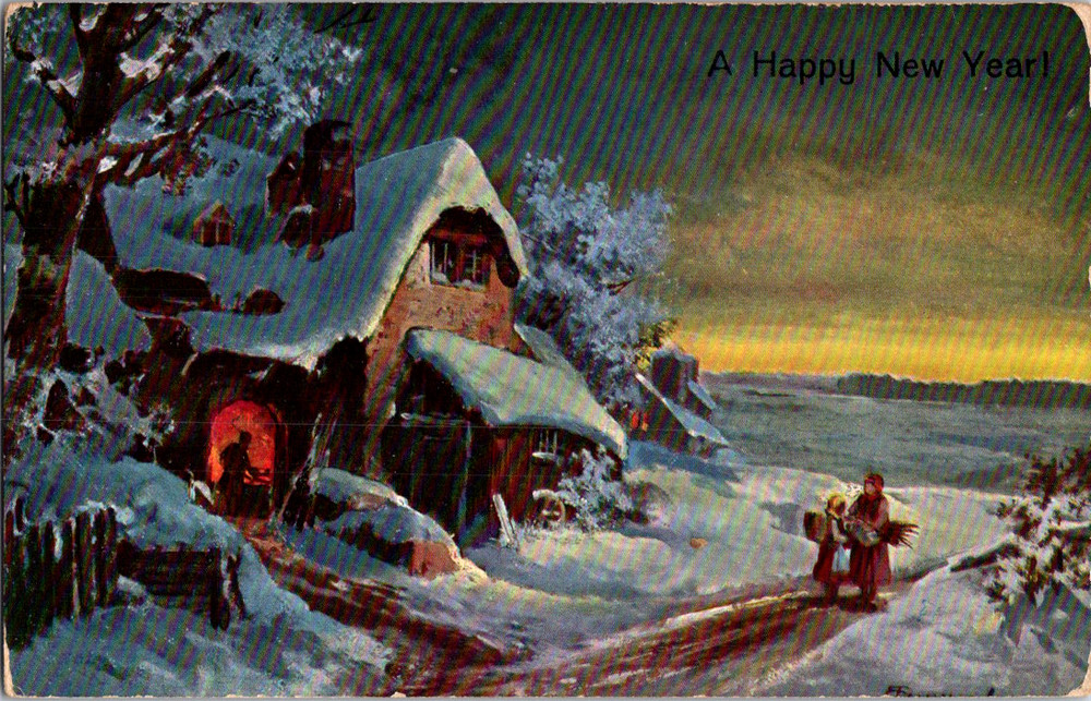 Vintage Postcard New Year Winter Village Scene with People and Sleds