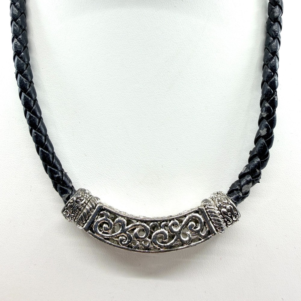 Vintage Y2K Black Braided Leather Choker Necklace Silver Tone Filigree Slider