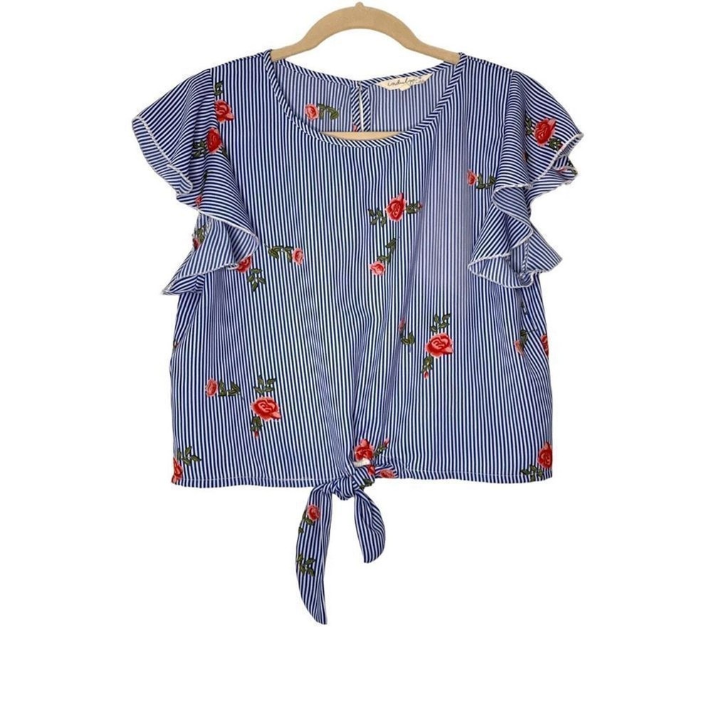 Women's Blue & White Pinstripe Crop Top with Rose Print - Medium