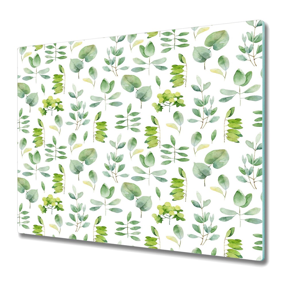 Glass Induction Ceramic Hob Cover Worktop Saver Watercolour leaves green 60x52