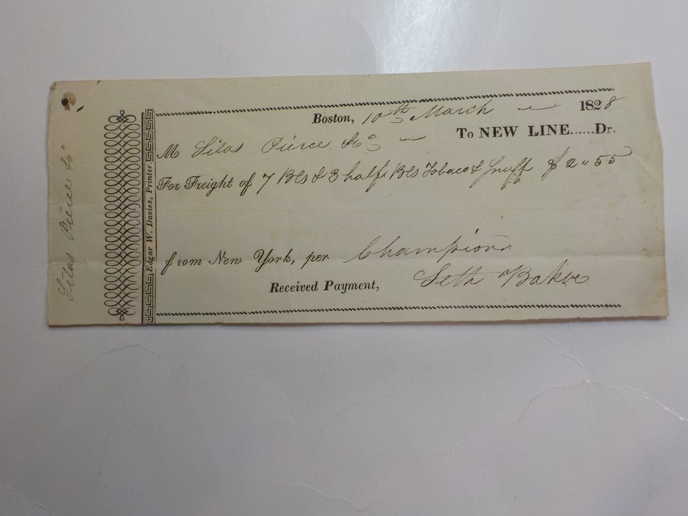 Antique Document 1828 Tobacco Snuff New Line Boston Massachusetts History VTG