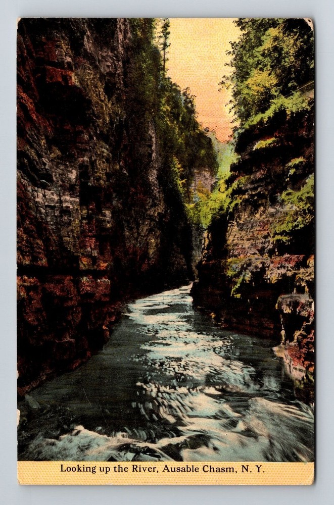 Ausable Chasm NY-New York, Looking Up The River, Scenic View, Vintage Postcard
