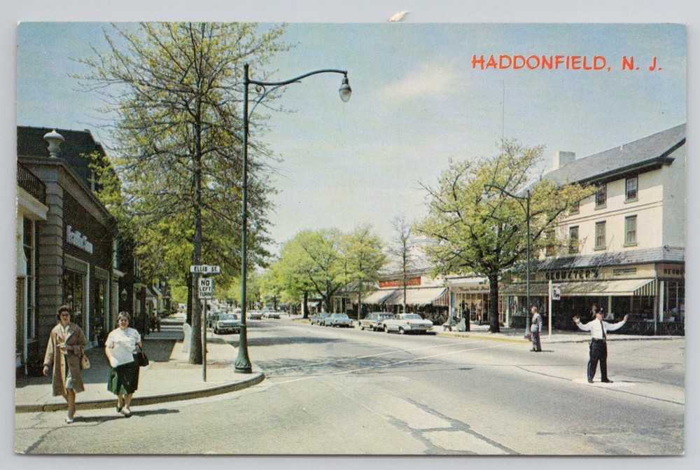 Vintage Haddonfield NJ King's Highway Main Street 1950s Living Color Postcard