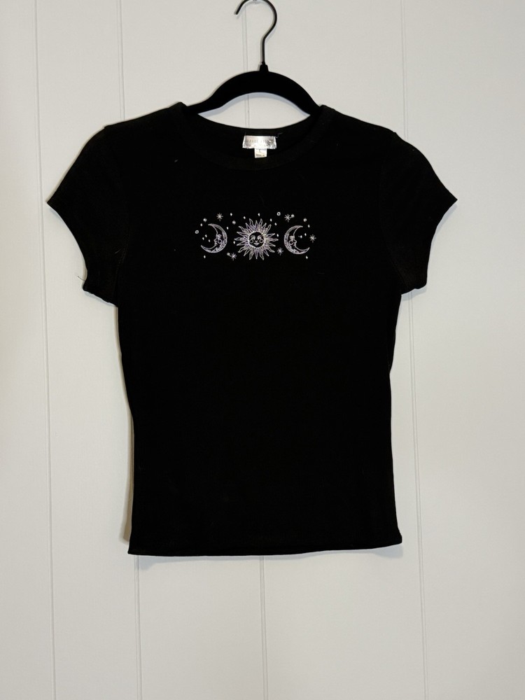 Celestial Graphic T-Shirt Women's L Black Crew Neck