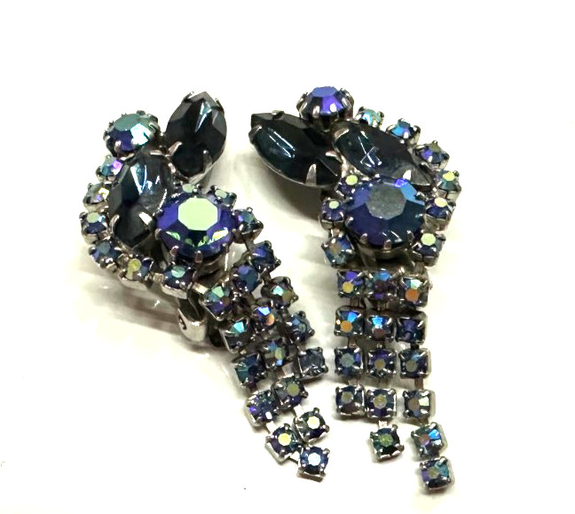 Vtg Costume Blue Aurora Borealis Silver Tone Clip-on Earrings Jewelry Lot H