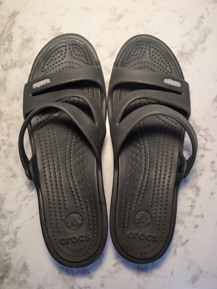 Women's Black Croc Flip Flops Sz 7 Wedge Heel Strappy Comfort Sandals
