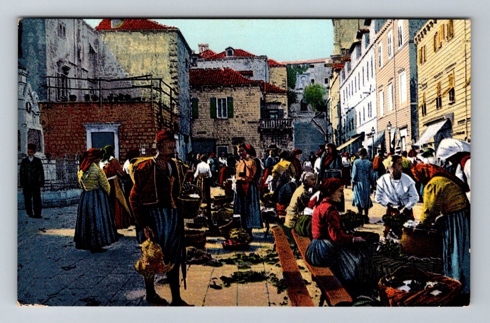 Croatia- Dubrovnik Market Day Street Scene Old Postal Card View Vintage Postcard