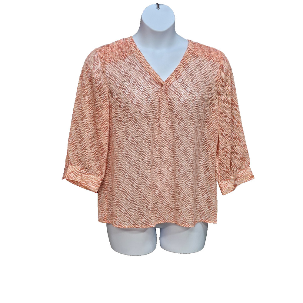 Talbots Geometric Sheer Top Womens L Petite Coastal Chic Smocked Shoulder Spring