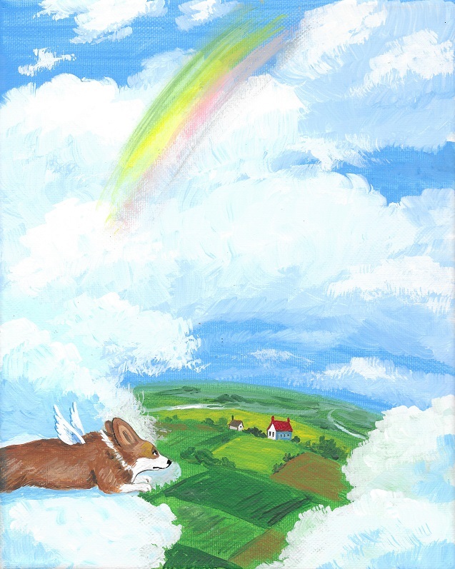 5x7 PRINT OF PAINTING RYTA PEMBROKE WELSH CORGI RAINBOW BRIDGE ANGEL art dog 🌖