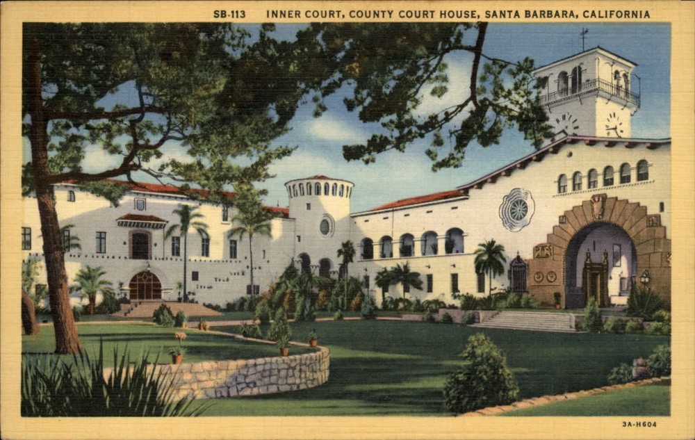 Inner Court County Court House Santa Barbara California ~ 1940s linen postcard