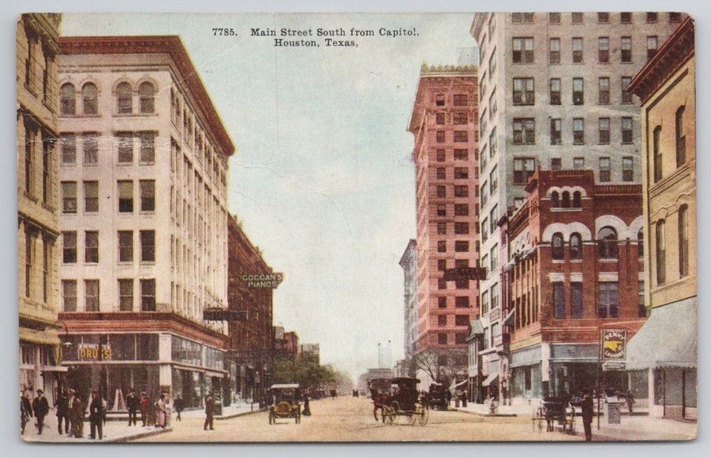 1913 Houston TX Main Street South from Capitol Vintage Postcard Posted