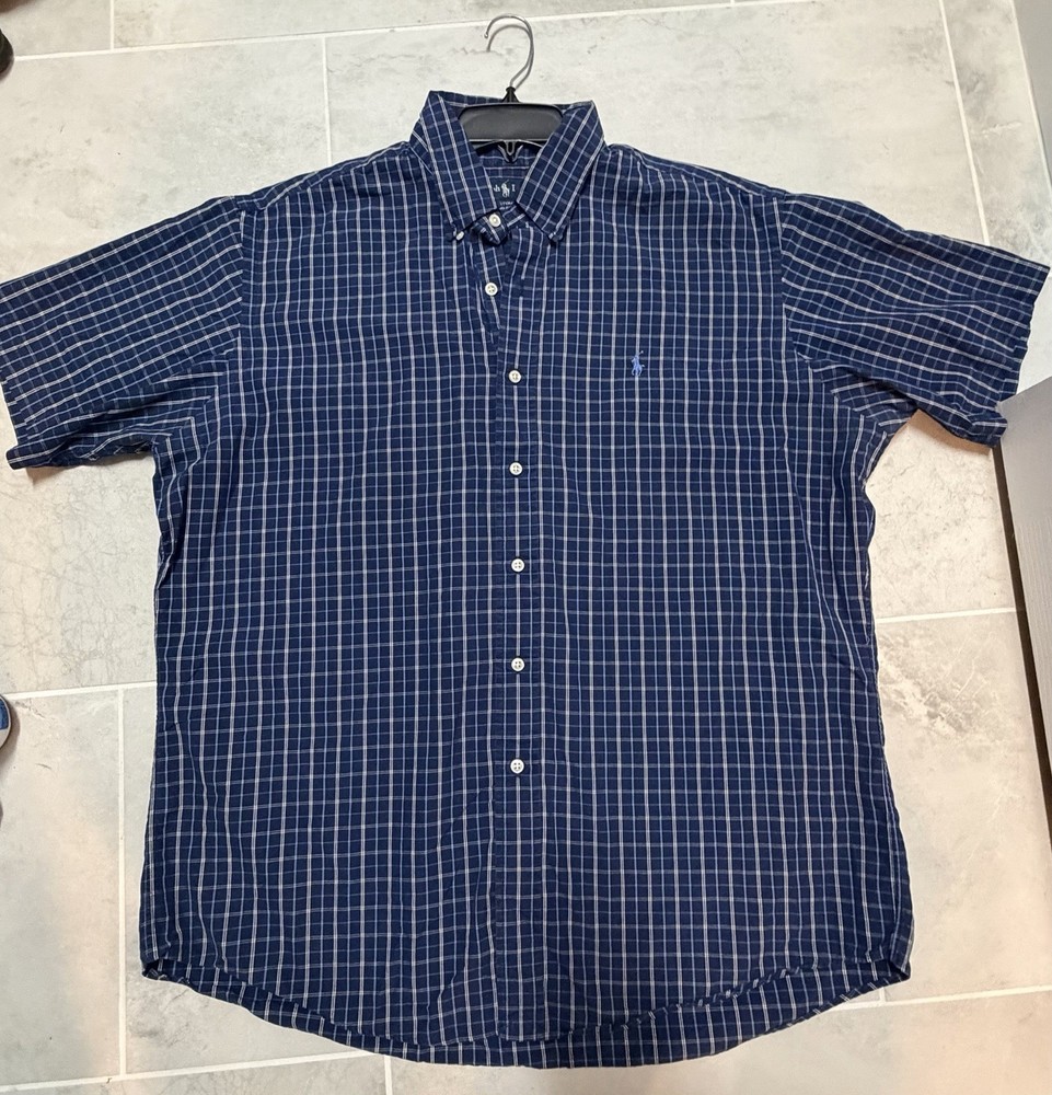 Ralph Lauren Custom Fit XL Blue/White Plaid Short Sleeve Button-Down Shirt