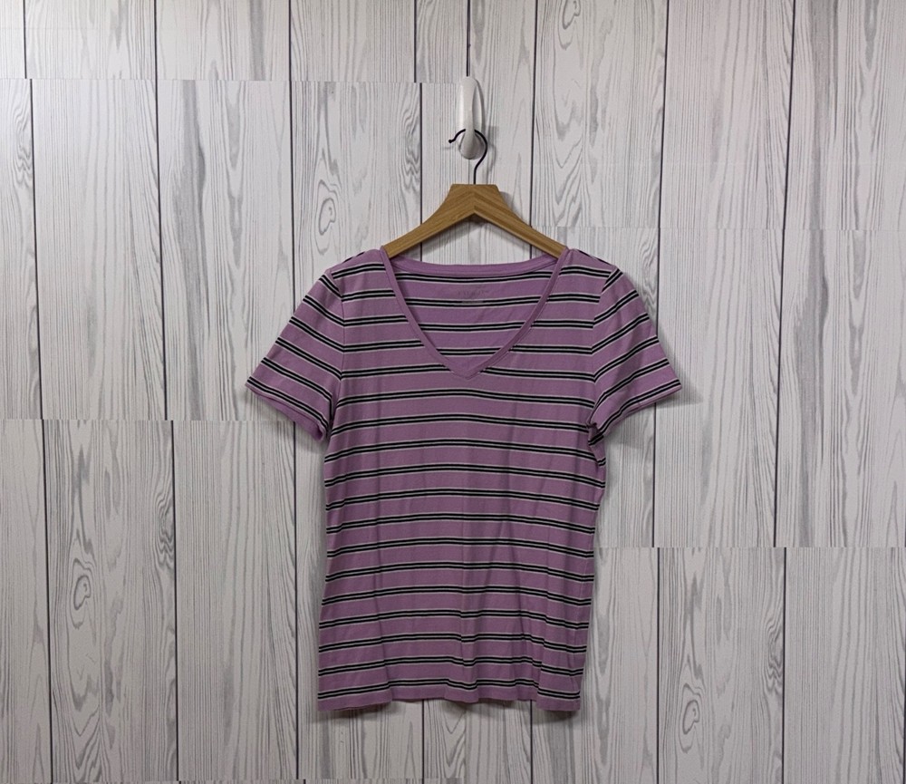 Talbots t shirt womens size medium short sleeve pink striped pullover v neck
