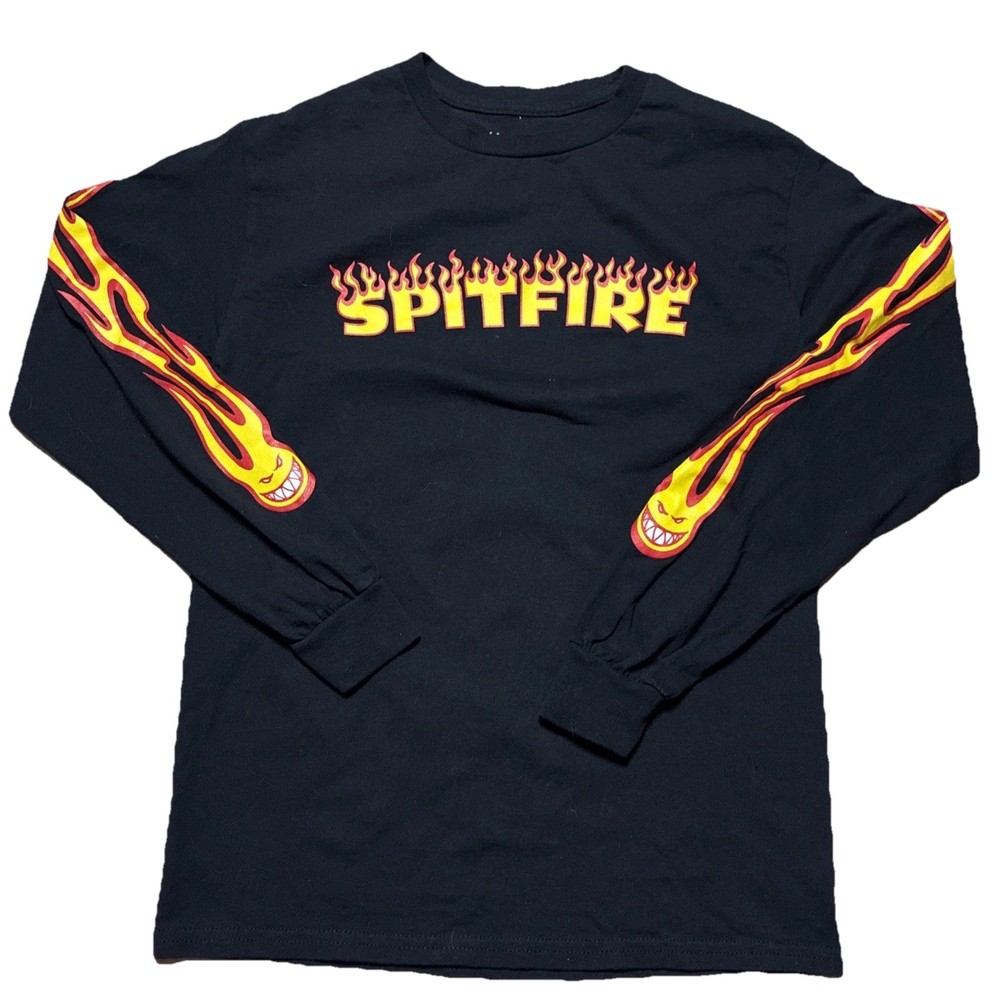 Y2K Vintage Spitfire Wheels Mens Small Black Flame Long Sleeve Graphic T-Shirt