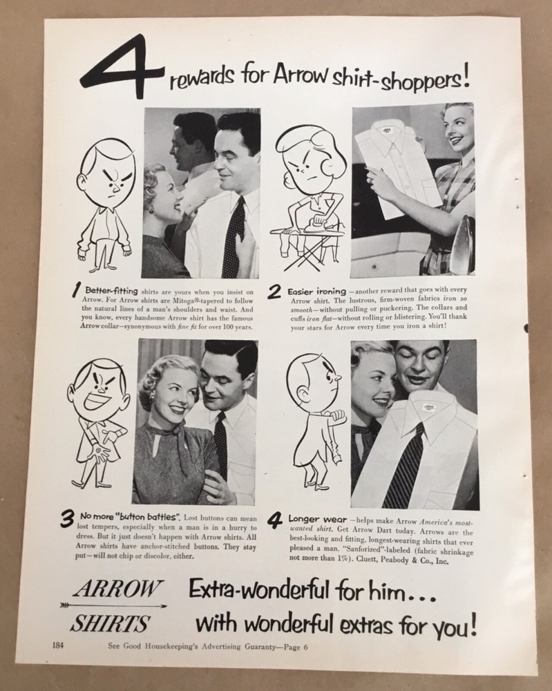 Arrow shirts print ad 1952 original vintage 1950s retro decor men's fashion art
