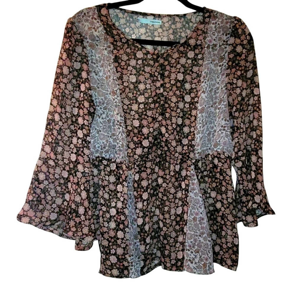 Vtg Y2K Sheer Ditsy Floral Flutter Sleeve Baby Doll Top M Maurices Fairy Womens