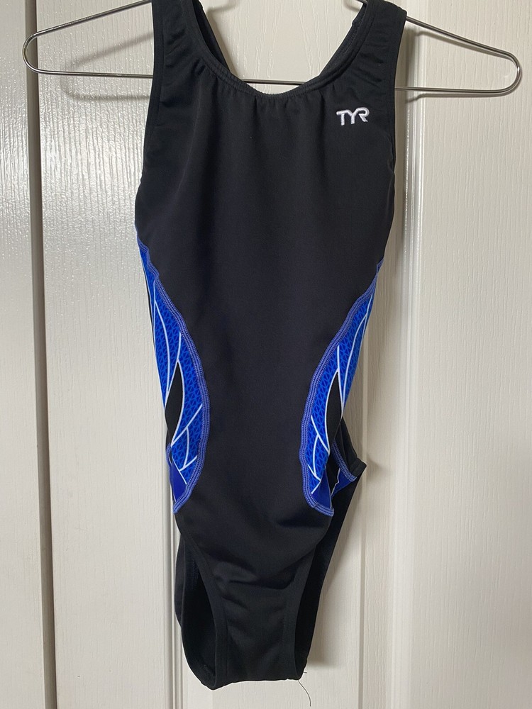 Women's TYR Maxfit Swim Bathing Suit 26 Black Blue Trim One Piece XXS
