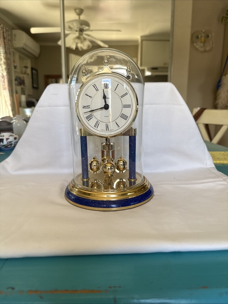 Bulova Anniversary Clock Glass Dome Quartz West Germany Gold Tone Vintage WORKS
