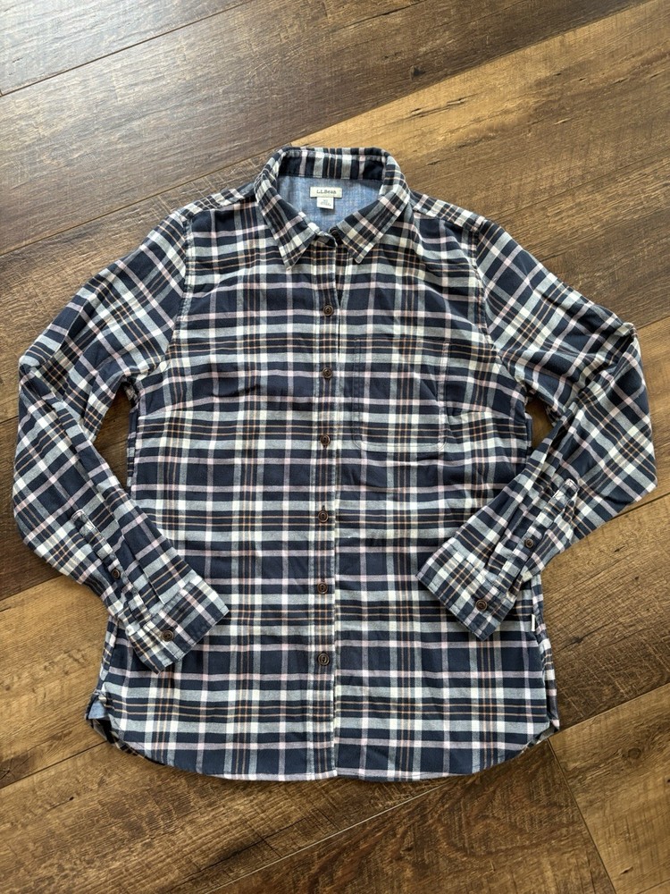 L.L. Bean Women’s Blue Pink Plaid Button Up Flannel Outdoor Shirt Size XS