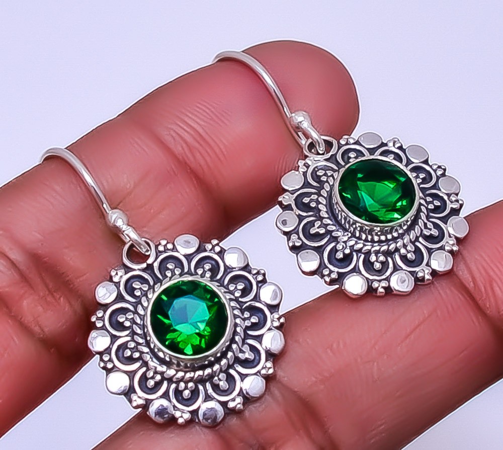 Simulated Emerald 925 Sterling Silver Bali Handmade Dangle Earrings 1.33 Inch