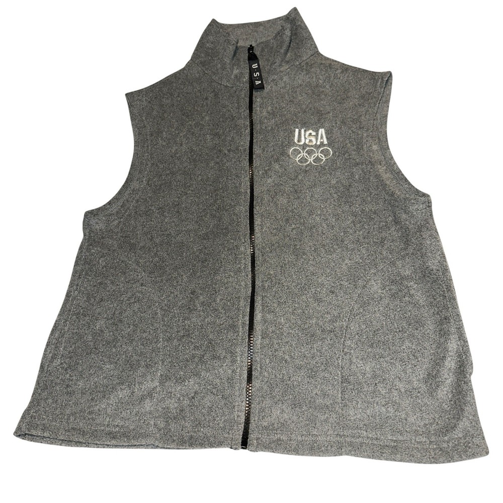Vintage USA Olympic Embroidered Fleece Full Zip Vest Gray Size M Made in USA