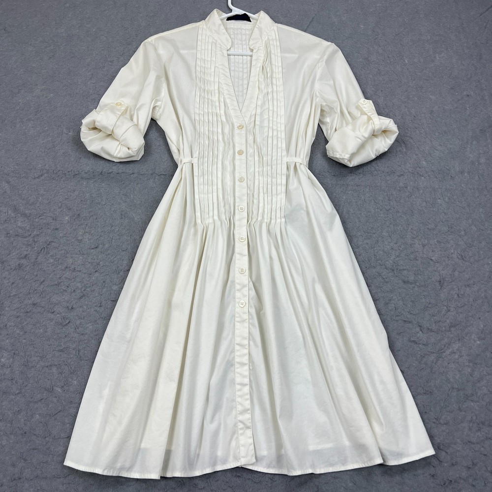Piazza Sempione Dress Women's 42 White Pleated Tie Roll-Tab Button Prairie Italy
