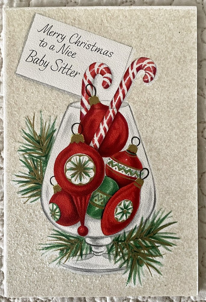 Unused Christmas Candy Cane Sparkle Babysitter Vtg Greeting Card 1950s 1960s