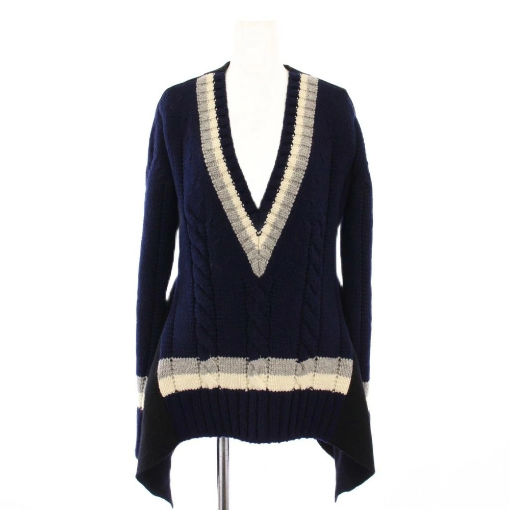 Sacai 21AW V Back Knit Sweater LS Wool Black Navy Size 2 Near Mint