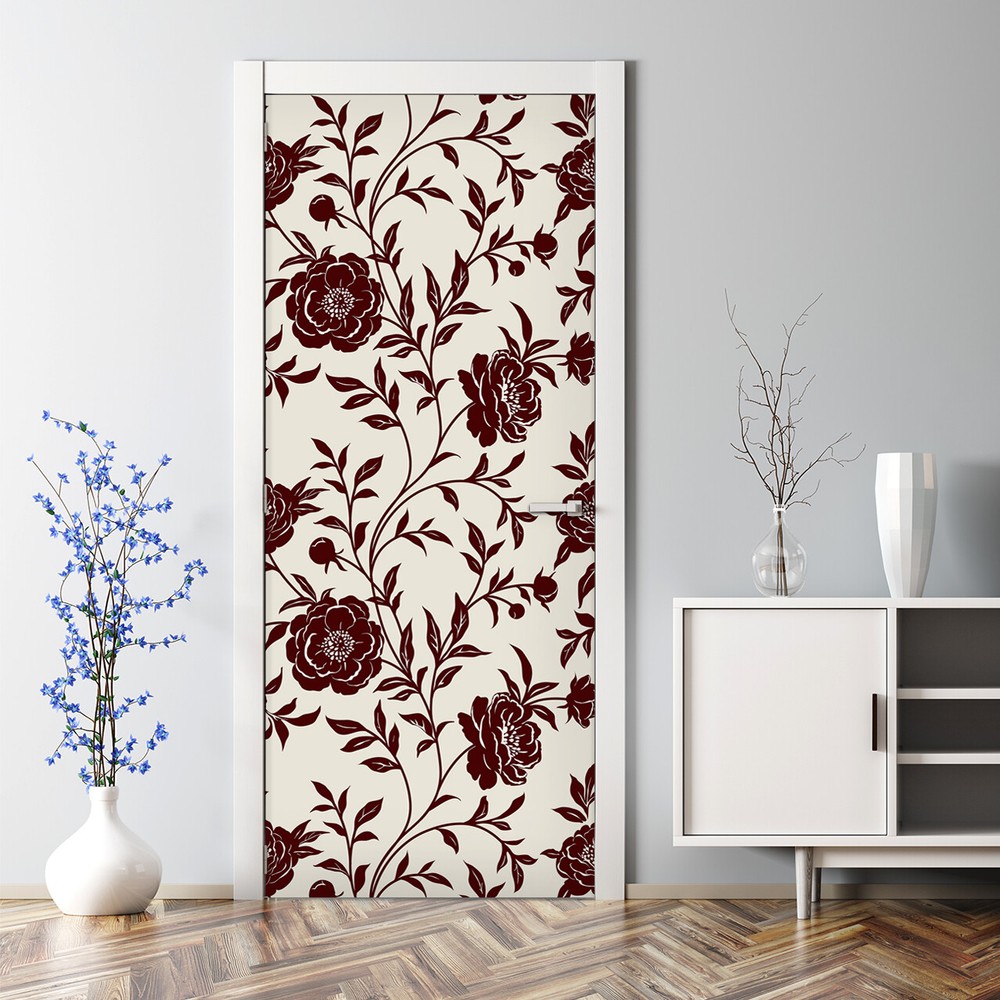 Floral Bubble Free Door sticker red and golden Decal Decor peel and stick