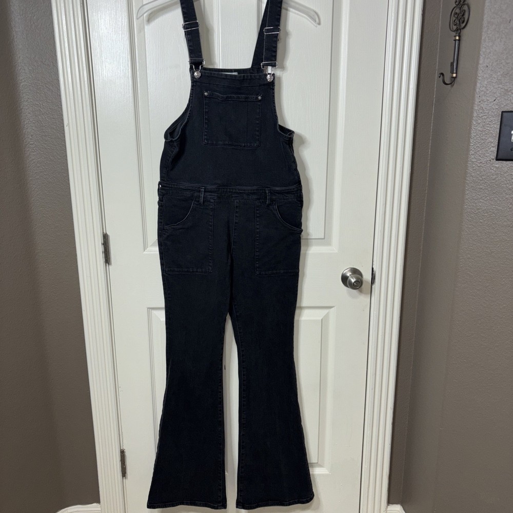 MNG  Woman Black Denim overall bib Jumpsuit flare bell bottom Large stretch