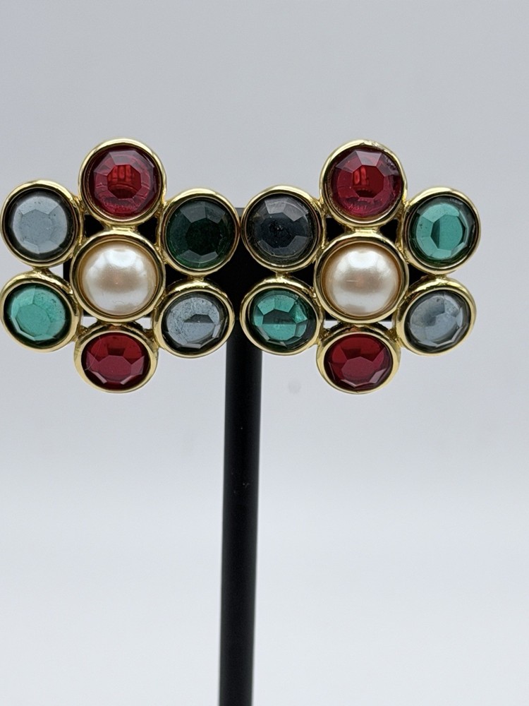 Vintage Monet Multicolor Glass Gold Tone Rhinestone Clip On Earrings Signed