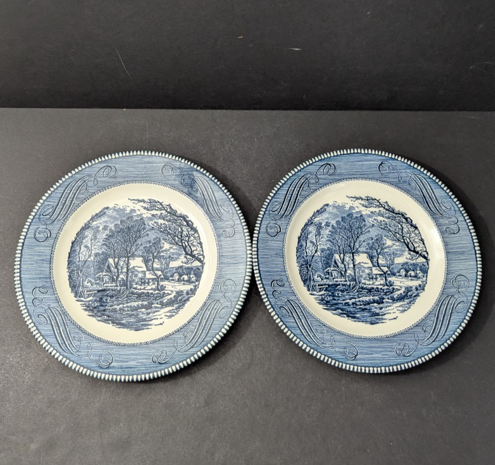 Currier and Ives Dinner Plates Blue Old Grist Mill Royal USA Set of 2 Lot A