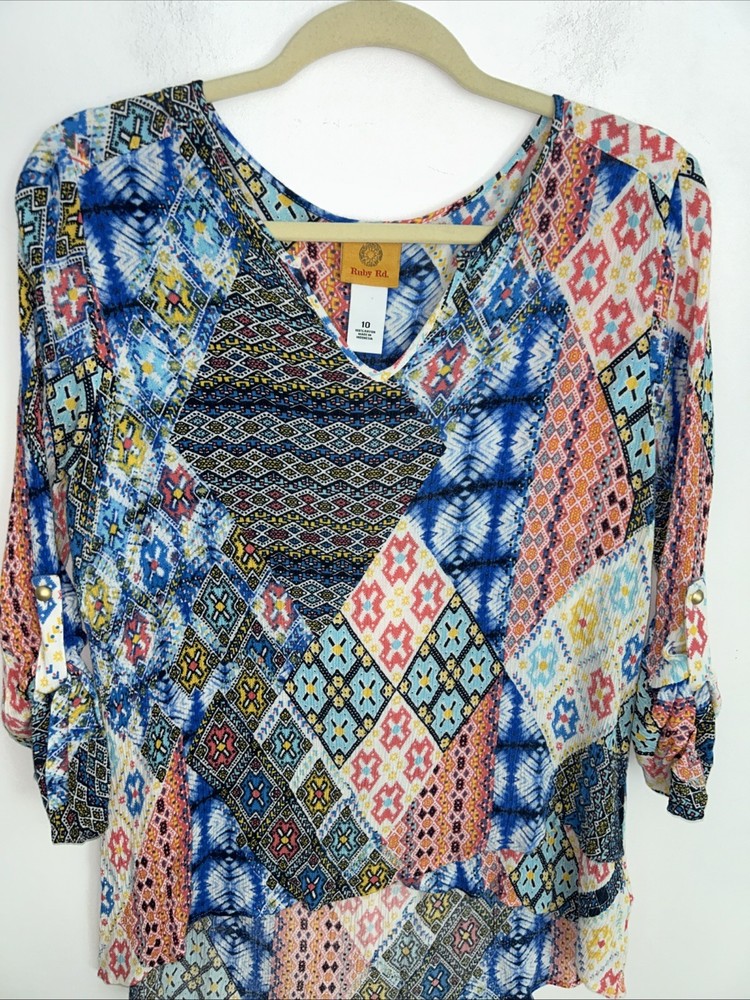 Women's Ruby Rd Multicolor Geometric Print 3/4 Sleeve Blouse Top Size M
