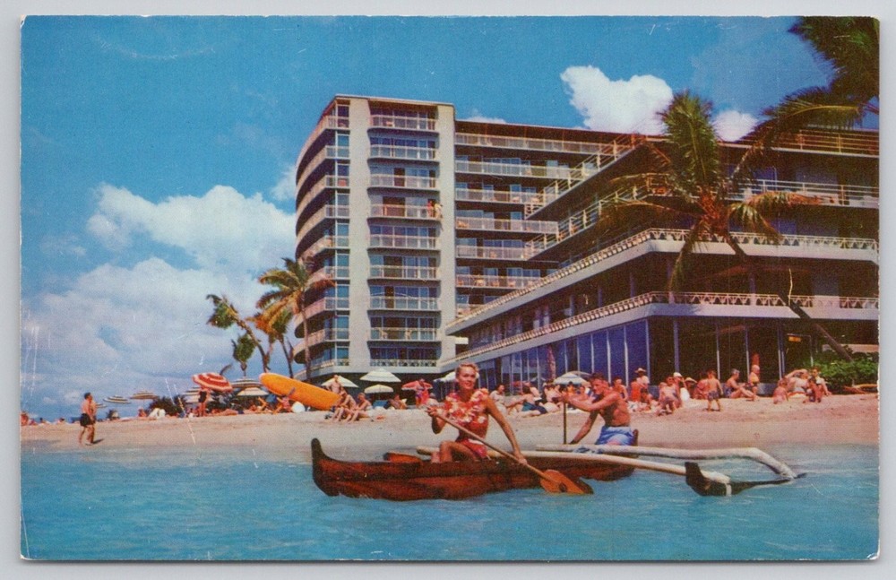 Waikiki Reef Hotel Hawaii Vintage Postcard Outrigger Canoe Beach Mike Roberts