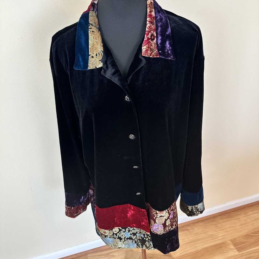 Vintage Velvet Patchwork Button Up Jacket Tunic Art to Wear Top 2X Womens