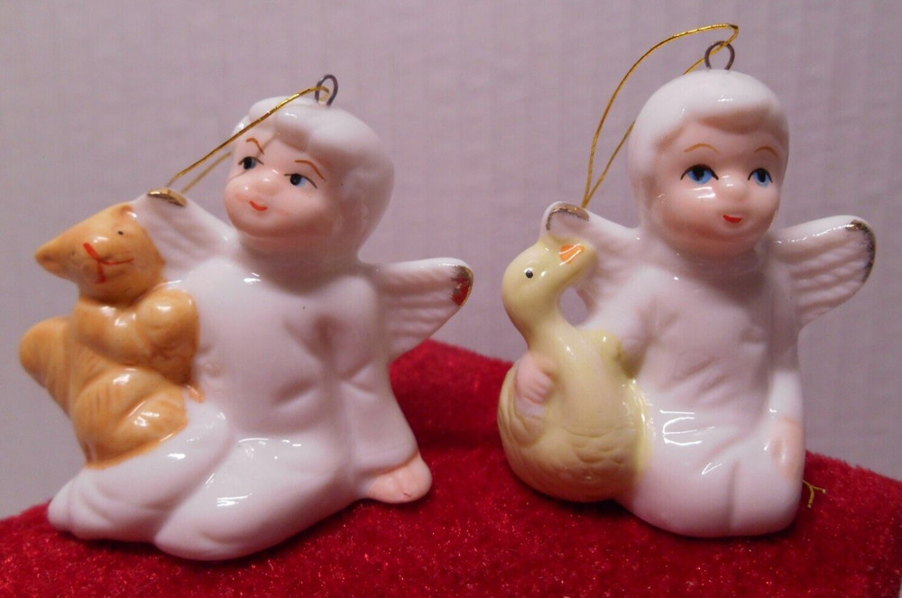 Vintage Set of 2 Bone China Christmas ANGELS Cherubs w/Squirrel & Duck Ornaments