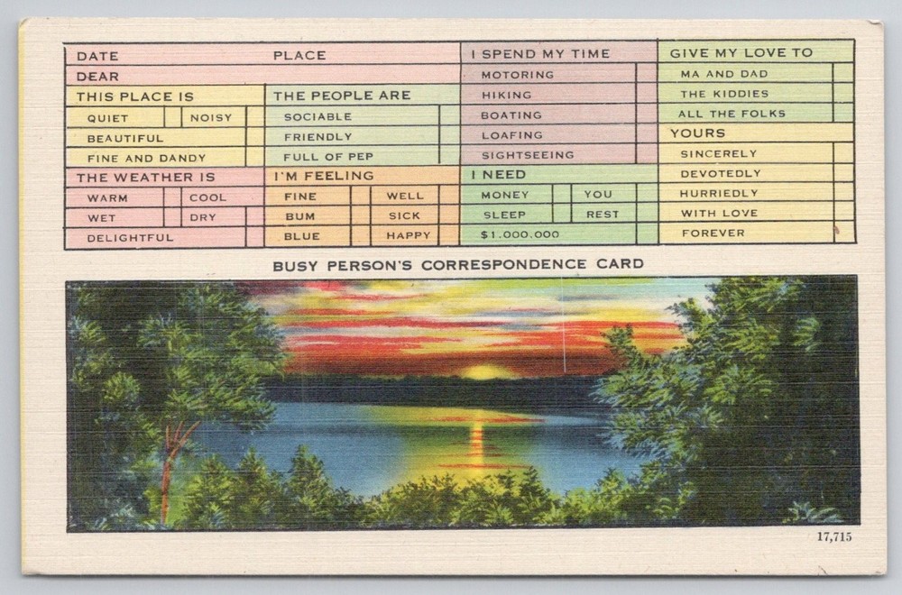 Vintage Busy Person's Correspondence Card Lake Sunset Linen Postcard
