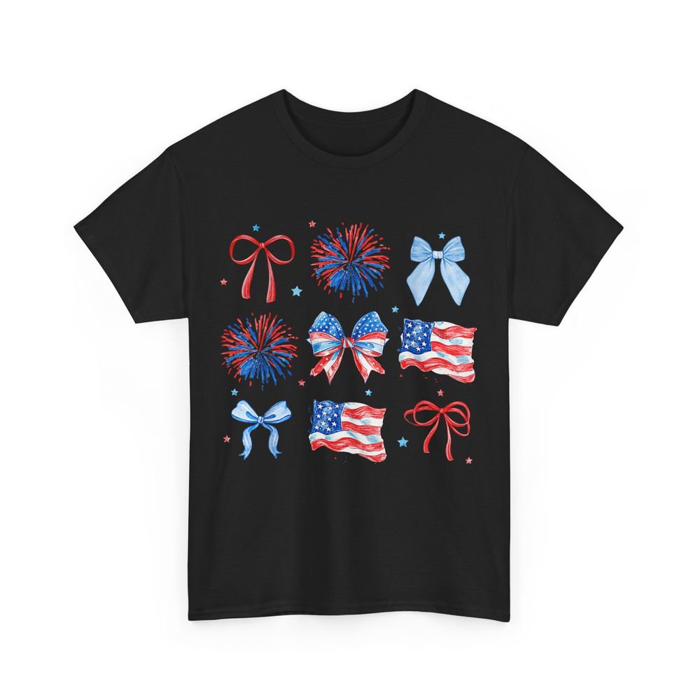 4th of July Shirt, USA Flag Fireworks Bows Patriotic 4th of July Coquette Shirt