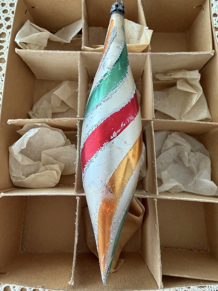 Vintage Teardrop Candy Stripe Glass Poland Christmas Ornament (No Box )