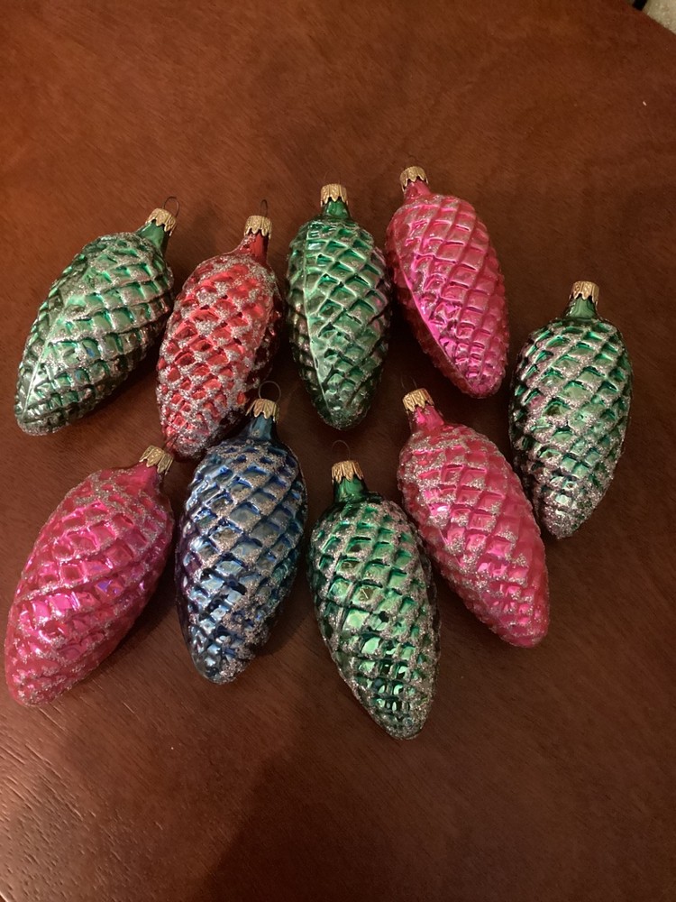 9 Vintage Pinecones  Mercury Glass Christmas Tree Ornaments  SEE VIDEO