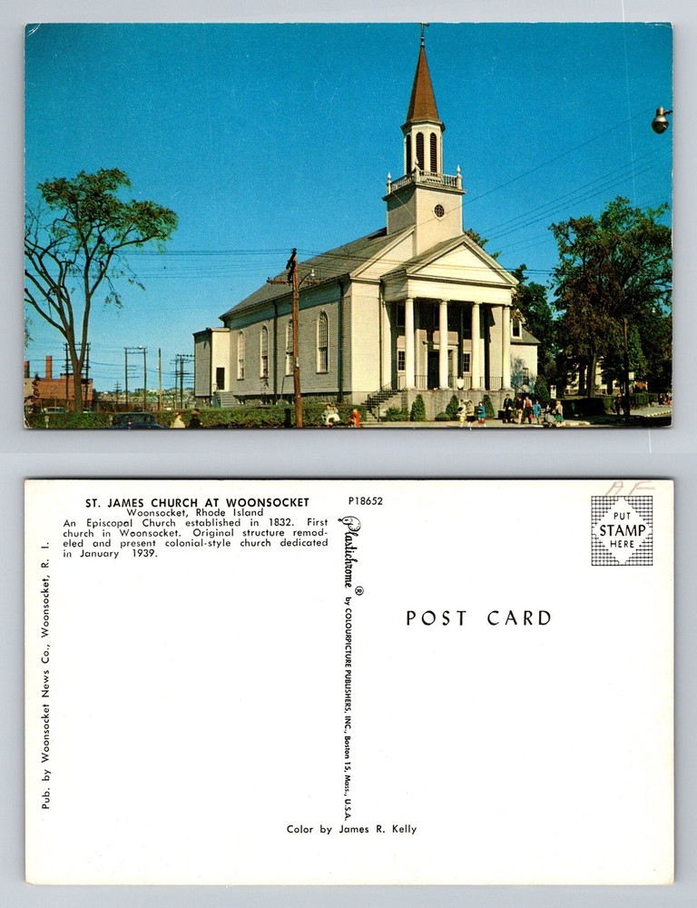Woonsocket, RI-Rhode Island, St James Church Colonial Building Vintage Postcard